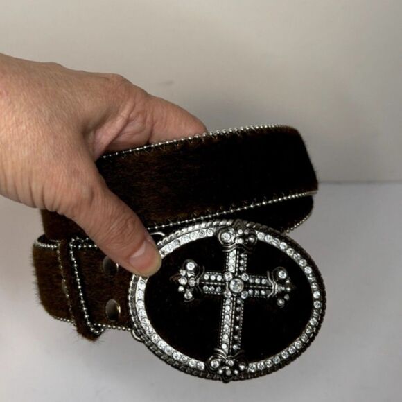 Western Cowgirl Rhinestone Cross Studded Pony Hair Belt Brown Silver